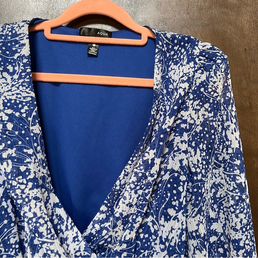 Aqua Blue Floral Ruffled Metallic Long Sleeve Smocked Mini Dress - Picture 2 of 3